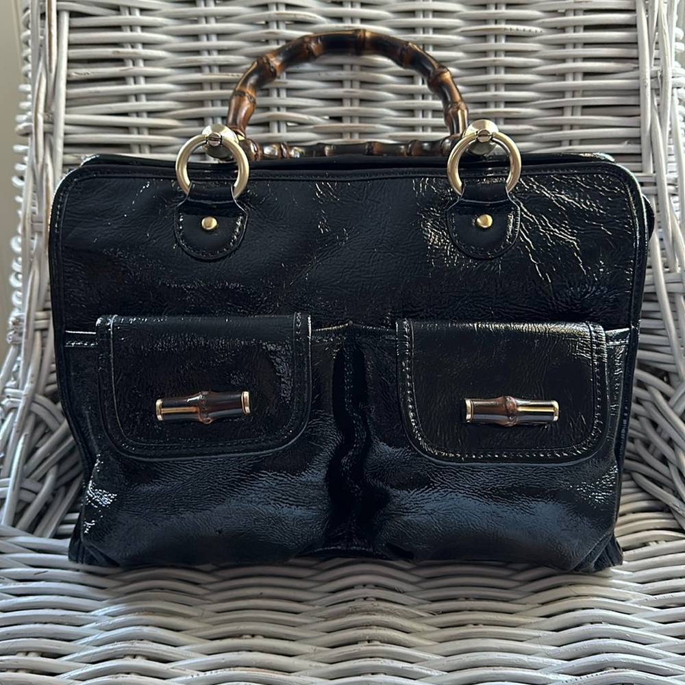 Talbots Black Patent Satchel with Bamboo Handles